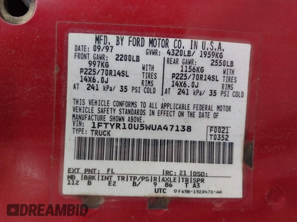 1998 Ford Ranger XL с VIN 1FTYR10U5WUA47138, выставлен на аукционе IAAI как лот 42426405 с пробегом 272 484 миль миль и . История ставок и продаж доступна на DreamBid. Изображение 9.
