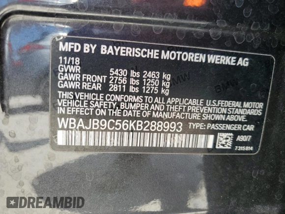 2019 BMW 5 Series M550i xDrive with VIN WBAJB9C56KB288993, listed as a Copart auction lot 57566415 with Not provided miles and Non repairable. Bid and sale history available at DreamBid. Image 13.