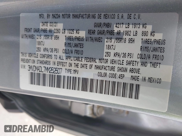 2021 Mazda CX-30 Premium with VIN 3MVDMADL7MM252507, listed as a IAAI auction lot 42338625 with 44,537 mi miles and . Bid and sale history available at DreamBid. Image 9.