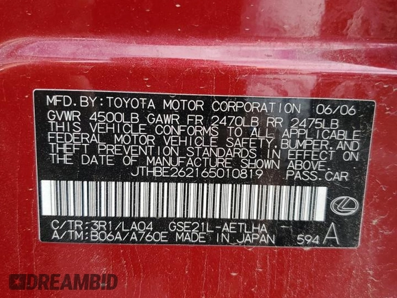2006 Lexus IS 350 with VIN JTHBE262165010819, listed as a Copart auction lot 63596435 with 173,806 mi miles and Clean title. Bid and sale history available at DreamBid. Image 12.