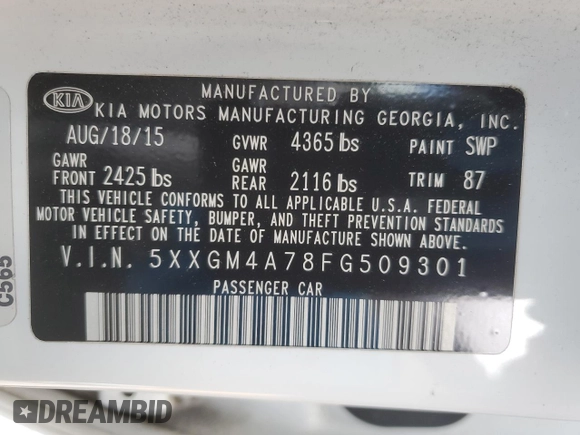 2015 Kia Optima LX with VIN 5XXGM4A78FG509301, listed as a Copart auction lot 51391025 with 213,914 mi miles and Salvage Title. Bid and sale history available at carsss.com. Image 14.