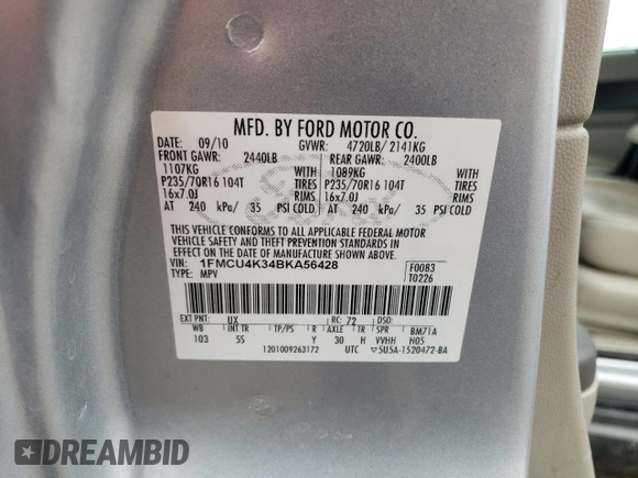 2011 Ford Escape Hybrid with VIN 1FMCU4K34BKA56428, listed as a Copart auction lot 45431365 with 167,709 mi miles and Salvage title. Bid and sale history available at DreamBid. Image 13.