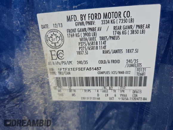 2014 Ford F-150 XL с VIN 1FTFX1EF5EFA51457, выставлен на аукционе Copart как лот 60784555 с пробегом 123 301 миль миль и Списание • Salvage title. История ставок и продаж доступна на DreamBid. Изображение 13.
