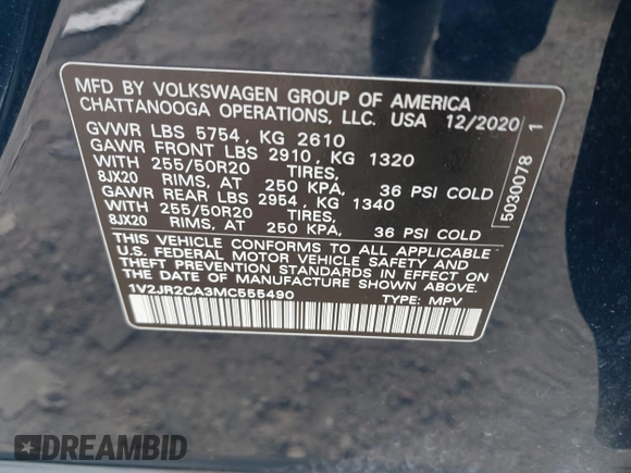 2021 Volkswagen Atlas SE z VIN 1V2JR2CA3MC555490, wystawiony jako IAAI lot #41286240 z przebiegiem 89 435 mil mil oraz . Historia ofert i sprzedaży dostępna na DreamBid. Obrazek 9.