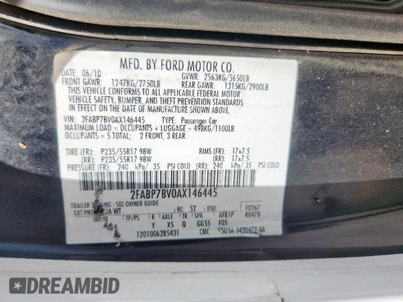 2010 Ford Police Interceptor with VIN 2FABP7BV0AX146445, listed as a Copart auction lot 62375055 with Not provided miles and Salvage title. Bid and sale history available at DreamBid. Image 12.