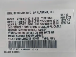 2019 Honda Odyssey Elite with VIN 5FNRL6H93KB117922, listed as a IAAI auction lot 41582622 with 25,327 mi miles and . Bid and sale history available at DreamBid. Image 9.
