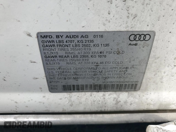 2016 Audi Q3 Premium Plus with VIN WA1BFCFS0GR015180, listed as a Copart auction lot 55666165 with 117,847 mi miles and Clean title. Bid and sale history available at DreamBid. Image 13.