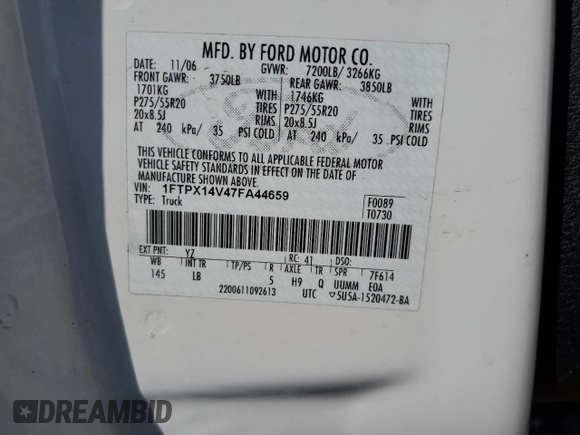 2007 Ford F-150 XLT with VIN 1FTPX14V47FA44659, listed as a Copart auction lot 59054065 with 129,453 mi miles and Salvage title. Bid and sale history available at DreamBid. Image 12.