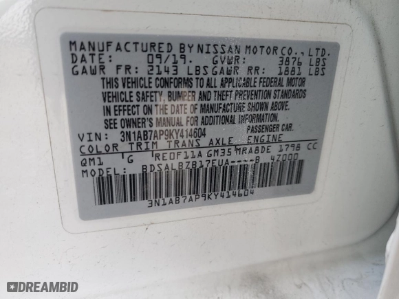 2019 Nissan Sentra SV with VIN 3N1AB7AP9KY414604, listed as a Copart auction lot 51611785 with 0 mi miles and Clean Title. Bid and sale history available at carsss.com. Image 13.