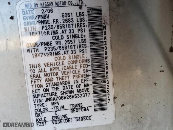 2006 Nissan Murano SE with VIN JN8AZ08W26W532377, listed as a Copart auction lot 82474824 with 0 mi miles and Non Repairable. Bid and sale history available at carsss.com. Image 13.