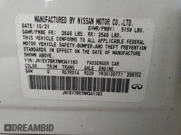 2022 Infiniti Q50 LUXE with VIN JN1EV7BR7NM341183, listed as a Copart auction lot 51604585 with 33,160 mi miles and Clean Title. Bid and sale history available at carsss.com. Image 12.