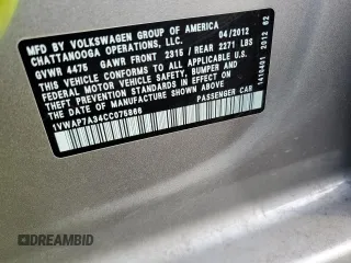 2012 Volkswagen Passat S w/Appearance with VIN 1VWAP7A34CC075866, listed as a Copart auction lot 43043365 with 0 mi miles and Salvage Title. Bid and sale history available at carsss.com. Image 14.