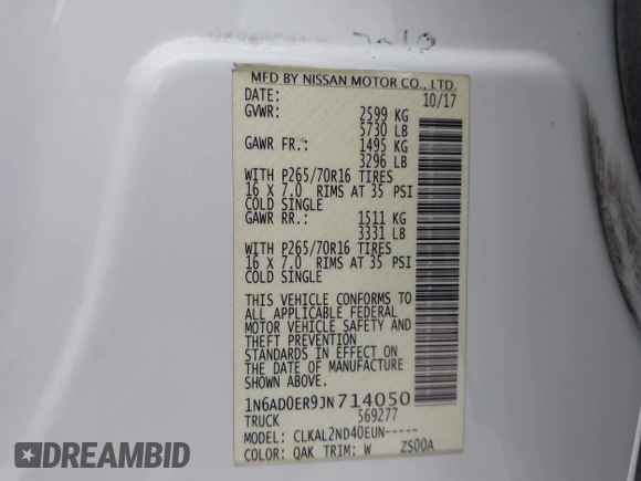 2018 Nissan Frontier SV with VIN 1N6AD0ER9JN714050, listed as a IAAI auction lot 42271759 with 179,596 mi miles and . Bid and sale history available at DreamBid. Image 9.