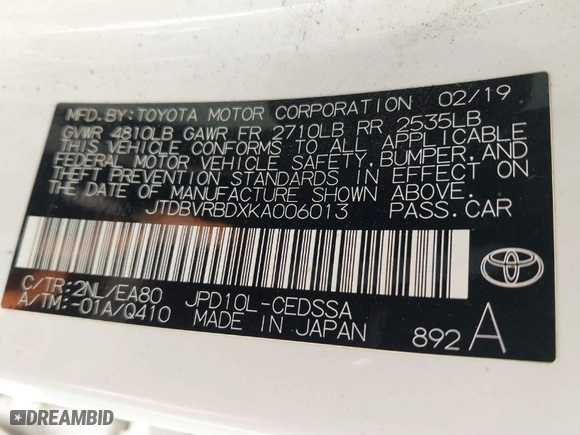 2019 Toyota Mirai with VIN JTDBVRBDXKA006013, listed as a IAAI auction lot 41335902 with NaN miles. Bid and sale history available at carsss.com. Image 9.