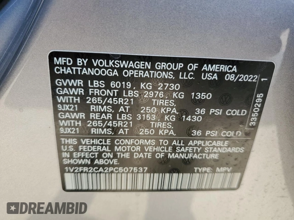 2023 Volkswagen Atlas SEL Premium R-Line z VIN 1V2FR2CA2PC507537, wystawiony jako Copart lot #81103714 z przebiegiem 28 553 mil mil oraz Szkoda całkowita • Salvage title. Historia ofert i sprzedaży dostępna na DreamBid. Obrazek 13.
