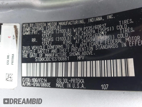 2012 Toyota Sienna LE AAS with VIN 5TDKK3DC1CS190661, listed as a IAAI auction lot 42333206 with 275,012 mi miles and . Bid and sale history available at DreamBid. Image 9.