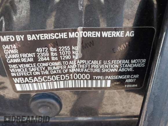 2014 BMW 5 Series 528i z VIN WBA5A5C50ED510000, wystawiony jako IAAI lot #41871538 z przebiegiem 37 169 mil mil oraz . Historia ofert i sprzedaży dostępna na DreamBid. Obrazek 9.
