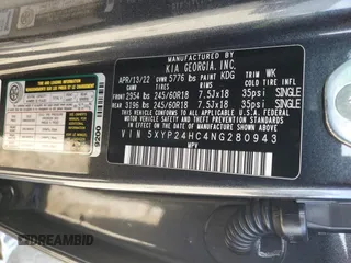 2022 Kia Telluride LX z VIN 5XYP24HC4NG280943, wystawiony jako Copart lot #87219584 z przebiegiem 50 369 mil mil oraz Szkoda całkowita • Salvage title. Historia ofert i sprzedaży dostępna na DreamBid. Obrazek 15.