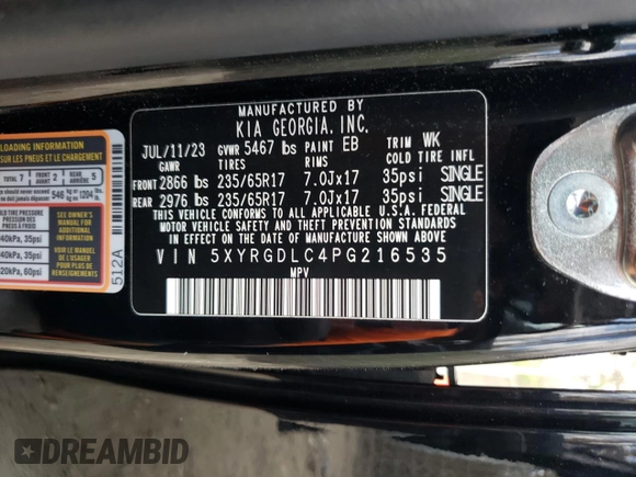 2023 Kia Sorento LX z VIN 5XYRGDLC4PG216535, wystawiony jako Copart lot #54432825 z przebiegiem 11 410 mil mil oraz Szkoda całkowita • Salvage title. Historia ofert i sprzedaży dostępna na DreamBid. Obrazek 13.