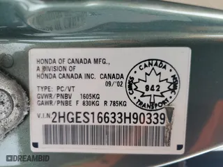 2003 Honda Civic LX with VIN 2HGES16633H903391, listed as a Copart auction lot 45358615 with 484,437 mi miles and Clean Title. Bid and sale history available at carsss.com. Image 13.