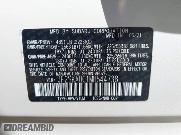 2021 Subaru Forester Limited with VIN JF2SKAUC1MH544738, listed as a IAAI auction lot 42020551 with 23,148 mi miles. Bid and sale history available at carsss.com. Image 9.