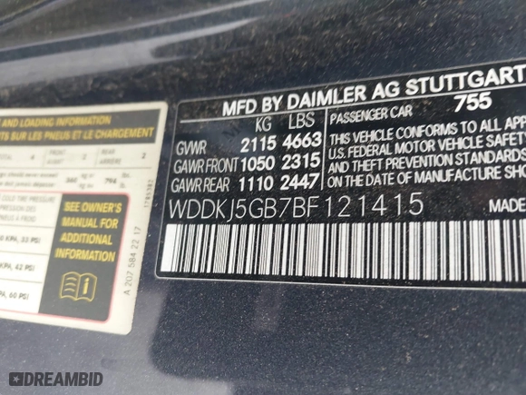 2011 Mercedes-Benz E-Class E 350 with VIN WDDKJ5GB7BF121415, listed as a IAAI auction lot 41343754 with 129,622 mi miles. Bid and sale history available at carsss.com. Image 9.