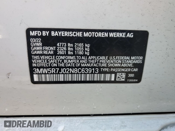 2022 BMW 3 Series 330i xDrive with VIN 3MW5R7J02N8C63913, listed as a Copart auction lot 85760924 with 0 mi miles and Salvage Title. Bid and sale history available at carsss.com. Image 12.