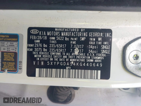 2019 Kia Sorento LX V6 with VIN 5XYPGDA54KG440649, listed as a IAAI auction lot 41843180 with 171,653 mi miles. Bid and sale history available at carsss.com. Image 9.