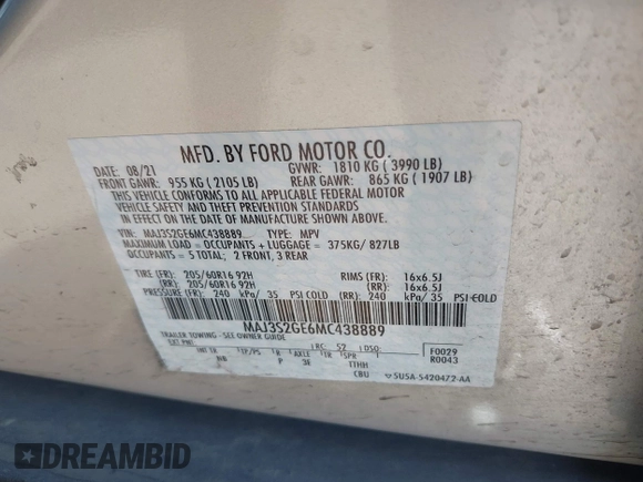 2021 Ford EcoSport SE z VIN MAJ3S2GE6MC438889, wystawiony jako IAAI lot #42250611 z przebiegiem 42 611 mil mil oraz . Historia ofert i sprzedaży dostępna na DreamBid. Obrazek 9.