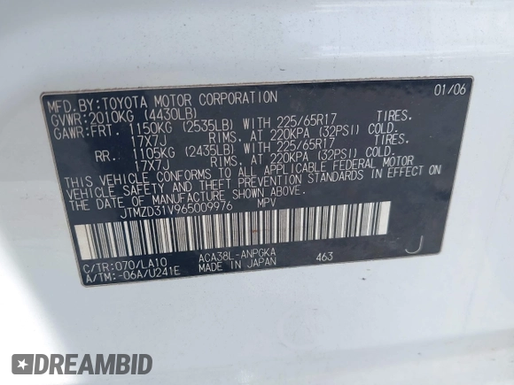 2006 Toyota RAV4 Limited with VIN JTMZD31V965009976, listed as a IAAI auction lot 42407768 with 187,703 mi miles and . Bid and sale history available at DreamBid. Image 9.