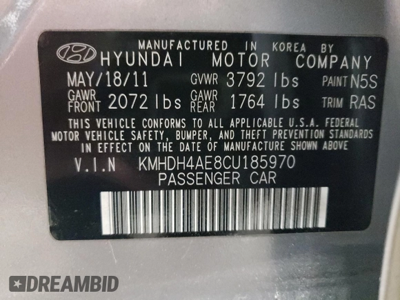 2012 Hyundai Elantra Limited with VIN KMHDH4AE8CU185970, listed as a Copart auction lot 65703595 with 153,374 mi miles and Clean title. Bid and sale history available at DreamBid. Image 12.