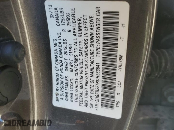 2013 Honda Civic LX with VIN 2HGFB2F58DH533641, listed as a Copart auction lot 58331725 with 79,830 mi miles and Salvage title. Bid and sale history available at DreamBid. Image 12.