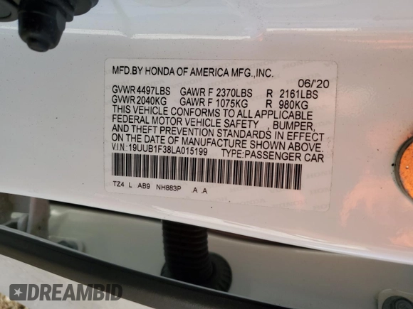 2020 Acura TLX with VIN 19UUB1F38LA015199, listed as a Copart auction lot 53743653 with 44,257 mi miles. Bid and sale history available at carsss.com. Image 13.