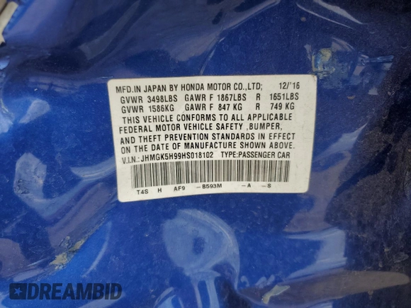 2017 Honda Fit EX-L with VIN JHMGK5H99HS018102, listed as a Copart auction lot 75699334 with Not provided miles and Salvage title. Bid and sale history available at DreamBid. Image 15.