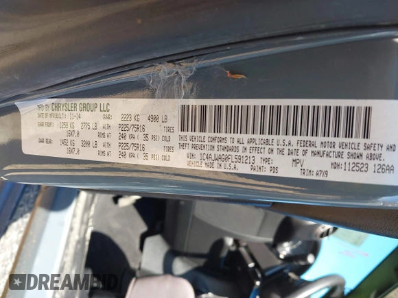 2015 Jeep Wrangler Sport with VIN 1C4AJWAG0FL591213, listed as a IAAI auction lot 41893306 with 107,807 mi miles and . Bid and sale history available at DreamBid. Image 9.