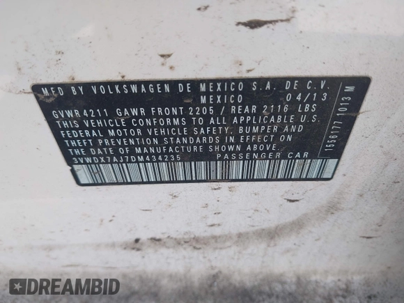 2013 Volkswagen Jetta SE с VIN 3VWDX7AJ7DM434235, выставлен на аукционе IAAI как лот 42292730 с пробегом 166 353 миль миль и . История ставок и продаж доступна на DreamBid. Изображение 9.