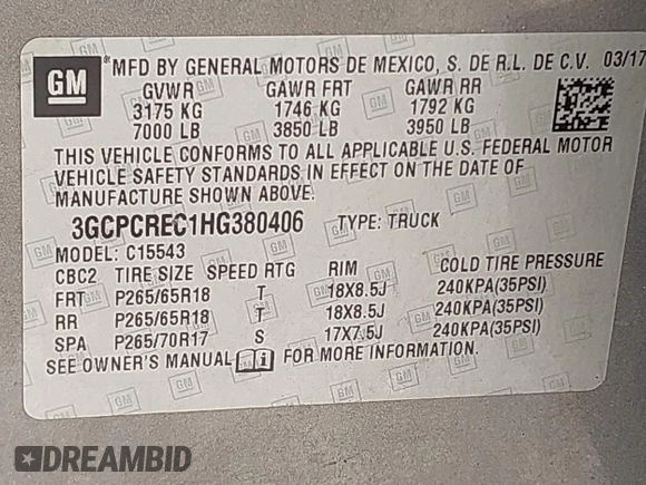 2017 Chevrolet Silverado 1500 LT with VIN 3GCPCREC1HG380406, listed as a IAAI auction lot 42031974 with 128,444 mi miles. Bid and sale history available at carsss.com. Image 9.