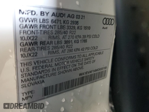 2021 Audi Q8 Premium Plus z VIN WA1EVAF14MD033153, wystawiony jako Copart lot #47657525 z przebiegiem 52 168 mil mil oraz Szkody całkowita. Historia ofert i sprzedaży dostępna na DreamBid. Obrazek 13.
