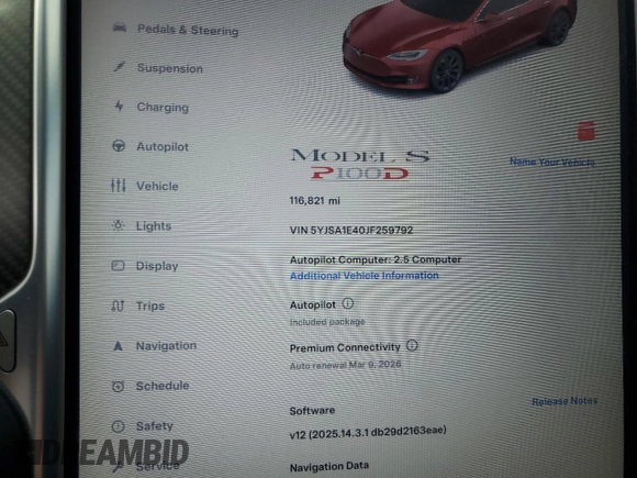 2018 Tesla Model S 75D with VIN 5YJSA1E40JF259792, listed as a Copart auction lot 56502085 with 116,821 mi miles and Salvage title. Bid and sale history available at DreamBid. Image 9.