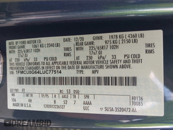 2020 Ford Escape SE z VIN 1FMCU0G64LUC77514, wystawiony jako IAAI lot #42198831 z przebiegiem 39 250 mil mil oraz . Historia ofert i sprzedaży dostępna na DreamBid. Obrazek 9.