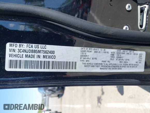 2021 Jeep Compass Latitude with VIN 3C4NJDBB5MT562400, listed as a IAAI auction lot 41996711 with 20,011 mi miles and . Bid and sale history available at DreamBid. Image 9.