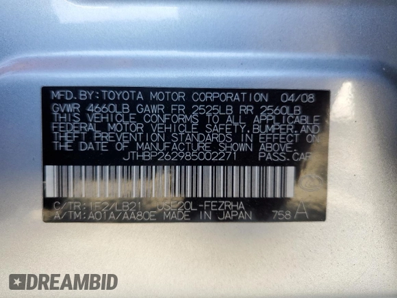 2008 Lexus IS F with VIN JTHBP262985002271, listed as a Copart auction lot 70432674 with 140,847 mi miles and Salvage title. Bid and sale history available at DreamBid. Image 12.