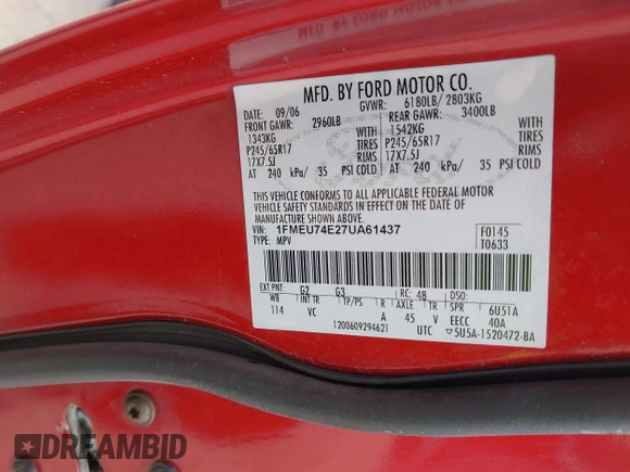 2007 Ford Explorer Eddie Bauer с VIN 1FMEU74E27UA61437, выставлен на аукционе IAAI как лот 42241655 с пробегом 204 711 миль миль и . История ставок и продаж доступна на DreamBid. Изображение 9.