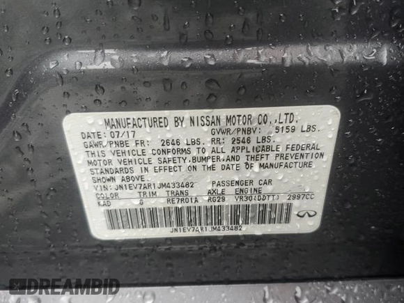 2018 Infiniti Q50 Luxe with VIN JN1EV7AR1JM433482, listed as a Copart auction lot 57093905 with Not provided miles and Salvage title. Bid and sale history available at DreamBid. Image 13.