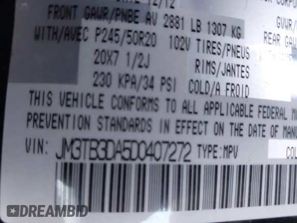 2013 Mazda CX-9 Grand Touring with VIN JM3TB3DA5D0407272, listed as a IAAI auction lot 41760028 with 188,900 mi miles and . Bid and sale history available at carsss.com. Image 9.
