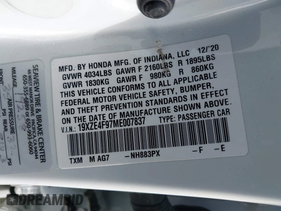 2021 Honda Insight Touring with VIN 19XZE4F97ME007837, listed as a IAAI auction lot 38425393 with 109,180 mi miles and . Bid and sale history available at carsss.com. Image 9.