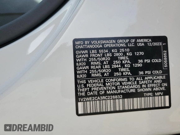 2024 Volkswagen Atlas SE z VIN 1V2WE2CA3RC226832, wystawiony jako Copart lot #45327965 z przebiegiem 5 824 mil mil oraz Szkoda całkowita • Salvage title. Historia ofert i sprzedaży dostępna na DreamBid. Obrazek 15.