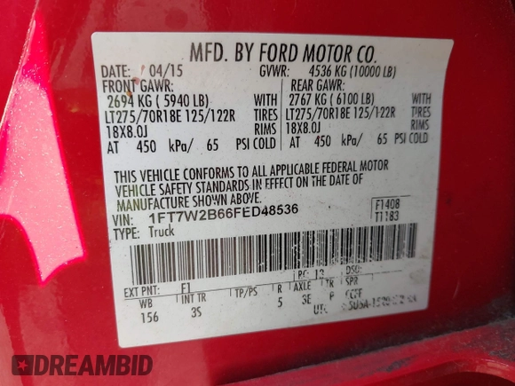 2015 Ford F-250 Lariat with VIN 1FT7W2B66FED48536, listed as a IAAI auction lot 42443047 with 80,845 mi miles and . Bid and sale history available at DreamBid. Image 9.