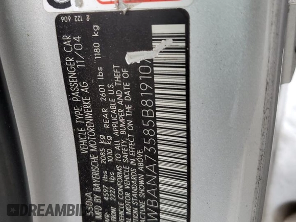 2005 BMW 5 Series 530i с VIN WBANA73585B819107, выставлен на аукционе Copart как лот 59610935 с пробегом 238 218 миль миль и Списание • Salvage title. История ставок и продаж доступна на DreamBid. Изображение 12.