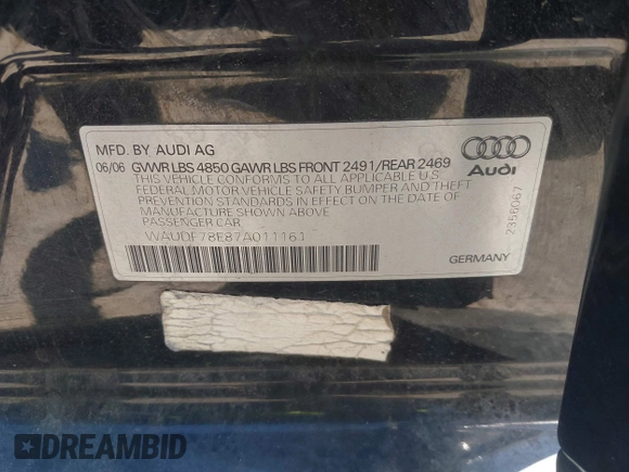 2007 Audi A4 2.0T with VIN WAUDF78E87A011161, listed as a IAAI auction lot 42743384 with 137,773 mi miles and . Bid and sale history available at DreamBid. Image 9.